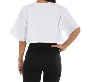 Haut court beige pour femme, col rond, manches courtes, coupe régulière, couleur unie, 100 % coton, toile écologique, infroissable - Product Image 6