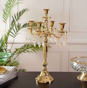 Luxurious metallic gold five arm <b>candelabra</b> featuring glamorous hanging bead strands, available at wholesale prices. - Product Image 5