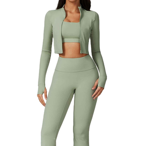 Ensemble de sport pour femme à manches longues avec décorations à fermeture éclair, 2 pièces : crop top athlétique et legging, idéal pour l'entraînement et le yoga - Product Image 2