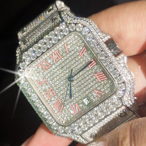 100% <b>Diamond</b> Tested Sparkling VVS Square Moissanite <b>Watch</b> Hip Hop Style Stainless Steel Pink Dial Mechanical <b>Watch</b>. - Product Image 2