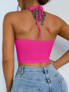 Seamless Ribbed Halter Neck Active <b>Crop</b> <b>Top</b> Keyhole Front Tie Back Gym Bra High Stretch Athletic Fitness Yoga Tank - Product Image 6