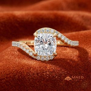 14K/18K Gold Round Cut Engagement <b>Ring</b> with Wave <b>Split</b> Shank & Pavé Halo Diamonds | Luxury Wedding <b>Ring</b> for Women - Product Image 1