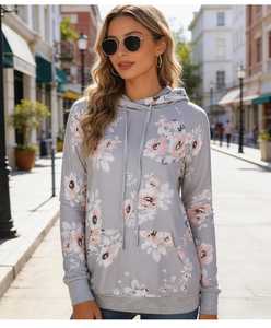 Sweat-shirt décontracté pour femme à imprimé floral, manches raglan longues, avec cordon de serrage, poche kangourou et capuche croisée - Product Image 6