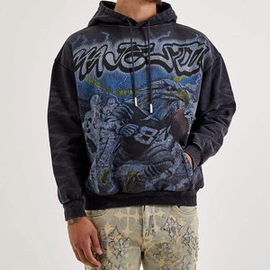 Sweat-shirt à capuche oversize pour homme, style streetwear, imprimé aigle, noir, en coton tricoté, coupe classique, logo frontal, style hiver, en polaire - Product Image 6