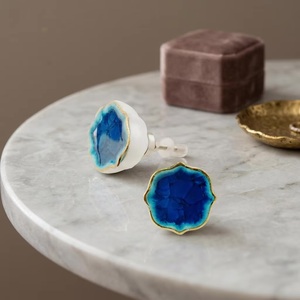 Ceramic Cabinet Knob Blue Geode Design <b>Gold</b> Trim Industrial Round Furniture Handle Dresser Kitchen <b>Drawer</b> Wardrobe - Product Image 3