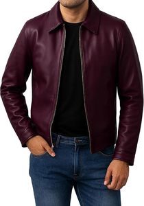 <b>Men's</b> Burgundy PU Leather Bomber <b>Jacket</b> Slim Fit Zip-Up Classic Casual Autumn/Winter Outerwear - Product Image 2
