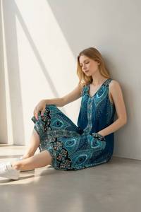 Bohemian O-Neck Sleeveless Beach Silhouette Ankle-Length Floral Print Breathable Rayon Anti-Wrinkle Plus Size <b>Summer</b> Casual - Product Image 2