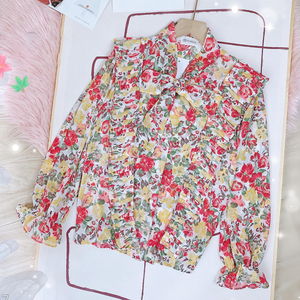 Chemisier de bureau plissé à pois pour femme avec nœud papillon et volants, manches longues, boutonnage frontal – Fournisseur et fabricant en gros - Product Image 5