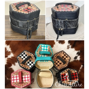 Hand Tooled Red & Black Checkered Leather Jewelry Box Cowhide Leather Jewelry Organizer Earrings and Necklaces Case for Women's - Product Image 1