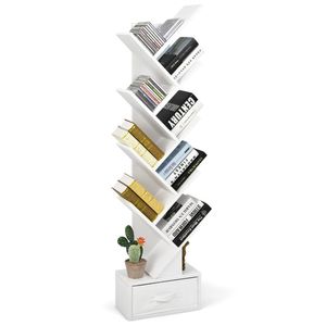 Libreria a Forma di Albero Bianca con 10 Ripiani Aperti e Cassetto Pieghevole in Tessuto, Design Salvaspazio ad Angolo - Product Image 1