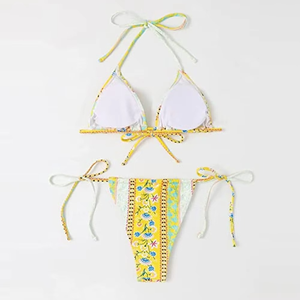 Women Fashion Bikini Set Green Floral Print Triangle Top and Low Rise Tie Side Bottom Beachwear Supplier - Product Image 3