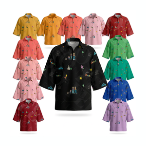 Camisas de Vestir con Estampado Familiar Personalizado, Diseño a Mano, Estilo de Dibujos Animados, Negras, Casuales, Holgadas, Largas, para Hombre, MOQ Bajo, OEM, ODM - Product Image 1