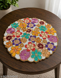 Handmade <b>Beads</b> Table <b>Placemat</b> Floral Bunny Design Round <b>Bead</b> Embroidery Mat Luxury Boho Table Decor - Product Image 5