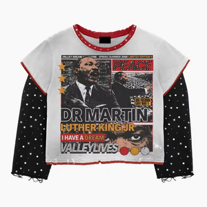 T-shirt Streetwear USA à manches longues, délavé à l'acide, avec strass et imprimé intégral effet vieilli, vintage, coupe oversize, en coton premium épais - Product Image 1