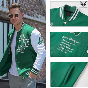 Green <b>White</b> Contrast Color Vintage Baseball Button Long Sleeve With Letter Casual Coats For <b>Men</b> College Baseball Varsity <b>Jackets</b> - Product Image 3