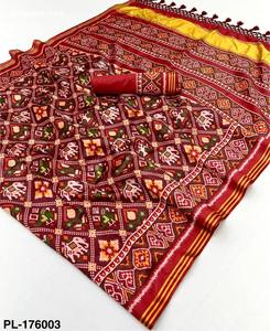 New Arrival Handloom Silk Patola with Traditional Motif-Geometric Pattern & Lagdi Patta-Woven Zari Border <b>Saree</b> <b>Woman</b> Fashion - Product Image 5