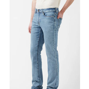 Pantalon élégant pour homme en denim selvedge bleu délavé, style urbain, coupe slim, taille élastique, coupe crayon, méthode de tissage. - Product Image 2