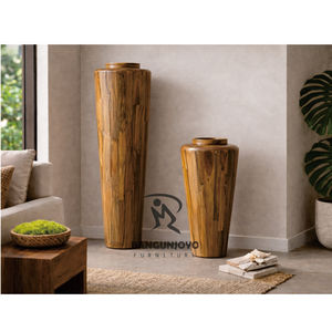 Vase sculpté en bois flotté, motif animal, pour extérieur, en caisse de bois rustique, artisanat en teck massif couleur naturelle, objet décoratif sculpté - Product Image 1