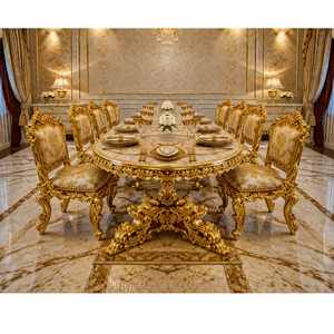 Juego de Sillas de Comedor de Respaldo Alto Estilo Principe para Casa de Estilo Mansion, Muebles de Comedor Exclusivos con Tallados Elaborados, Juego de Comedor Real con Hojas Doradas - Product Image 1