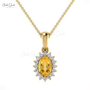 Pendentif de luxe en citrine taille ovale, or fin 14 carats, authentique, 0,54 carat total, avec halo de pierres précieuses et diamants, produit très apprécié, en promotion - Product Image 3