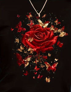T-shirt pour femme à imprimé floral rose rouge, broderie, coupe ample, manches courtes, col rond, tissu jersey extensible doux, vêtements printemps/été - Product Image 1
