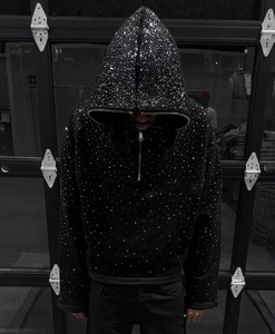 Sweat à capuche pour homme en molleton French Terry 380 260 g/m² pour l'hiver, style streetwear, personnalisé avec impression intégrale de crânes en strass, coupe courte et ample, demi-zip intégral - Product Image 3