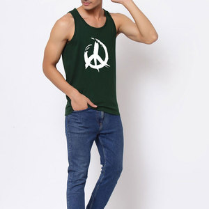 Men's Green Tank <b>Top</b> With <b>White</b> Peace Symbol Print O-Neck Casual Style Breathable Cotton Workout Wear - Product Image 4