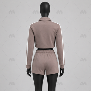 Conjunto Deportivo de Dos Piezas para Mujer, Color Sólido, Manga Larga, Cierre Frontal, Pantalones Cortos Casuales, Otoño, Transpirable, Ligero, Poliéster - Product Image 2