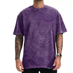 Camiseta de algodón lavado oversize para hombre con logo de alas en relieve frontal, casual, de manga corta, cuello redondo, gris liso, de punto jersey, ajuste cómodo. - Product Image 5