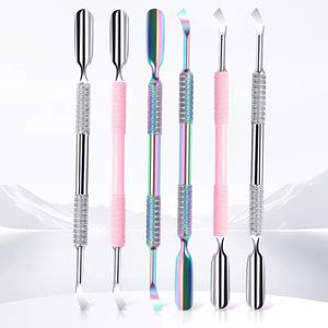 Dual Head Stainless Steel Nail Cuticle Pusher <b>Set</b> Reusable Manicure <b>Tool</b> <b>Pink</b> Handle 6Pcs - Product Image 1