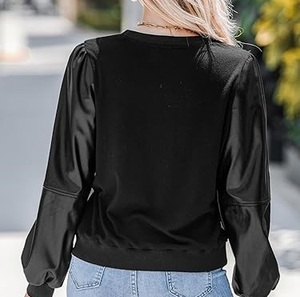 Long Sleeve Plain Black Color O <b>Neck</b> Round Blank PU Leather Sleeved <b>T</b>-<b>Shirts</b> Breathable <b>High</b> Quality Outdoor <b>T</b> <b>Shirt</b> Custom Logo - Product Image 2