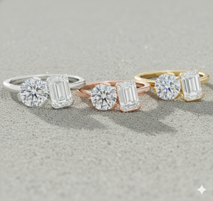 Toi et Moi ทรงกลมและมรกตตัดแหวนเพชรที่ปลูกในห้องปฏิบัติการ - Product Image 3