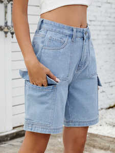 High Rise Light Blue Denim Cargo Shorts With Multiple Pockets Casual Style Breathable Woven Fabric Button Fly Design - Product Image 6