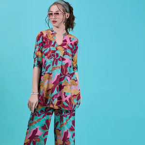 Conjunto de Dos Piezas para Mujer, Blusa con Cuello Mandarín Estampada y Pantalón, Nuevo, Estampado, Holgado, Cómodo y Elegante - Product Image 1