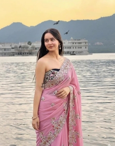 Sari en soie mélangée et velours brodé KV, style Bollywood (rose) - Product Image 6