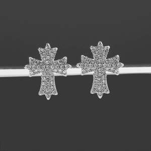 RB Gems Iced Out Curved Cross Stud Earrings 14K White Gold Lab Grown Diamonds Hip Hop Micro Pave Clusters - Product Image 2