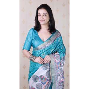 Sari en soie Tussar bleu turquoise Elite Weaves, imprimé Madhubani Fusion, avec motif floral et bordure tissée Zari, style ethnique - Product Image 3