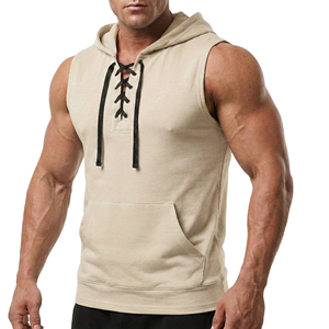 เสื้อกล้ามฮู้ดดี้ผู้ชายแบบผูกเชือก ขายส่ง เสื้อกล้ามออกกำลังกาย เสื้อกีฬาผ้าฝ้ายออร์แกนิค เสื้อกล้ามมีกระเป๋า - Product Image 1