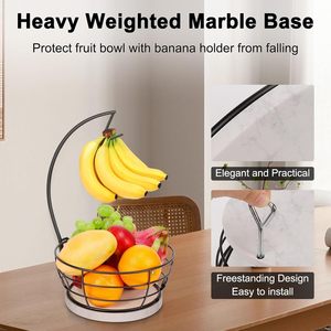Corbeille à fruits avec support pour bananes, rangement moderne pour légumes avec support en marbre et métal pour bananes, pour cuisine et table à manger - Product Image 2