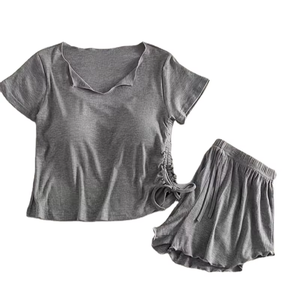 Solid Color Short Sleeve Shorts Sleepwear Set Women Loose Full Length Adult Women's Sleepwear Women's Solid Color Pure Pajama - Product Image 2