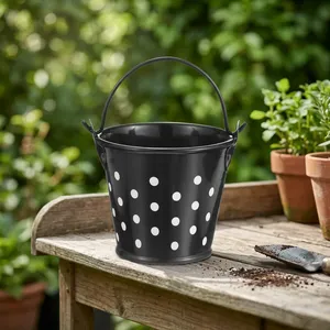 Black Metal <b>Bucket</b> with Handle White Polka Dots Decorative Storage Pail Multipurpose Home <b>Garden</b> Party Organizer - Product Image 3