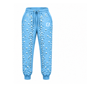 Sky Blue Pearl Beaded Jogger Pants Women Luxury Embellished Drawstring Sweatpants Casual Streetwear Fleece <b>Trousers</b> <b>With</b> <b>Pockets</b> - Product Image 1
