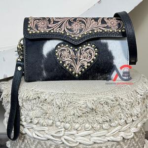 2026 Handcrafted Hair on Hide Genuine Leather Crossbody Mini <b>Bags</b> Western Luxury Fashionable Studded Floral Pattern Clutches - Product Image 1