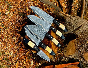 Ensemble de couteaux de chef en acier à haute teneur en carbone, 5 pièces, forgés à la main, manche en os, cuisine traditionnelle, ambidextre, 4-5,9 pouces, finition haute brillance - Product Image 5