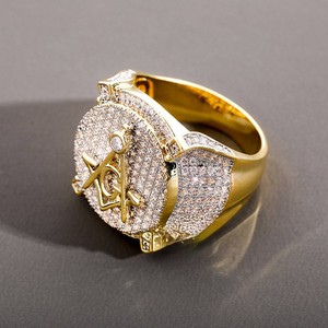 <b>Mens</b> 18K Gold Plated Diamond <b>Ring</b> Round Brilliant Cut Hiphop Style Masonic Symbol Design Everyday Wear - Product Image 2