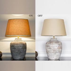 Ceramic <b>Table</b> <b>Lamp</b> with Geometric Pattern Beige Shade Round <b>Base</b> for Home Decoration - Product Image 3
