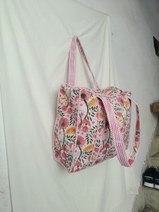 Cotton Fabric Shoulder Bag Bohemian Style Solid Color Zipper Closure Block Printed Shopping <b>Handbag</b> <b>Summer</b> Spring Use - Product Image 5