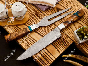 Ensemble de couteaux de chef professionnels forgés à la main en acier Damas, couteau à découper et fourchette, manche personnalisable en résine d'olivier, OEM/ODM - Product Image 2
