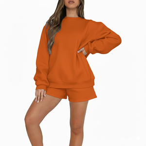 Ensemble décontracté deux pièces pour femme avec logo personnalisé : sweat-shirt oversize marron et short en molleton de coton à col ras du cou - Product Image 5