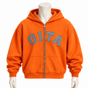 <b>Orange</b> <b>Mens</b> Zip Front <b>Hoodie</b> Chenille Letter Applique Heavyweight Fleece Oversized Casual Streetwear Sweatshirt with Kangaroo - Product Image 1